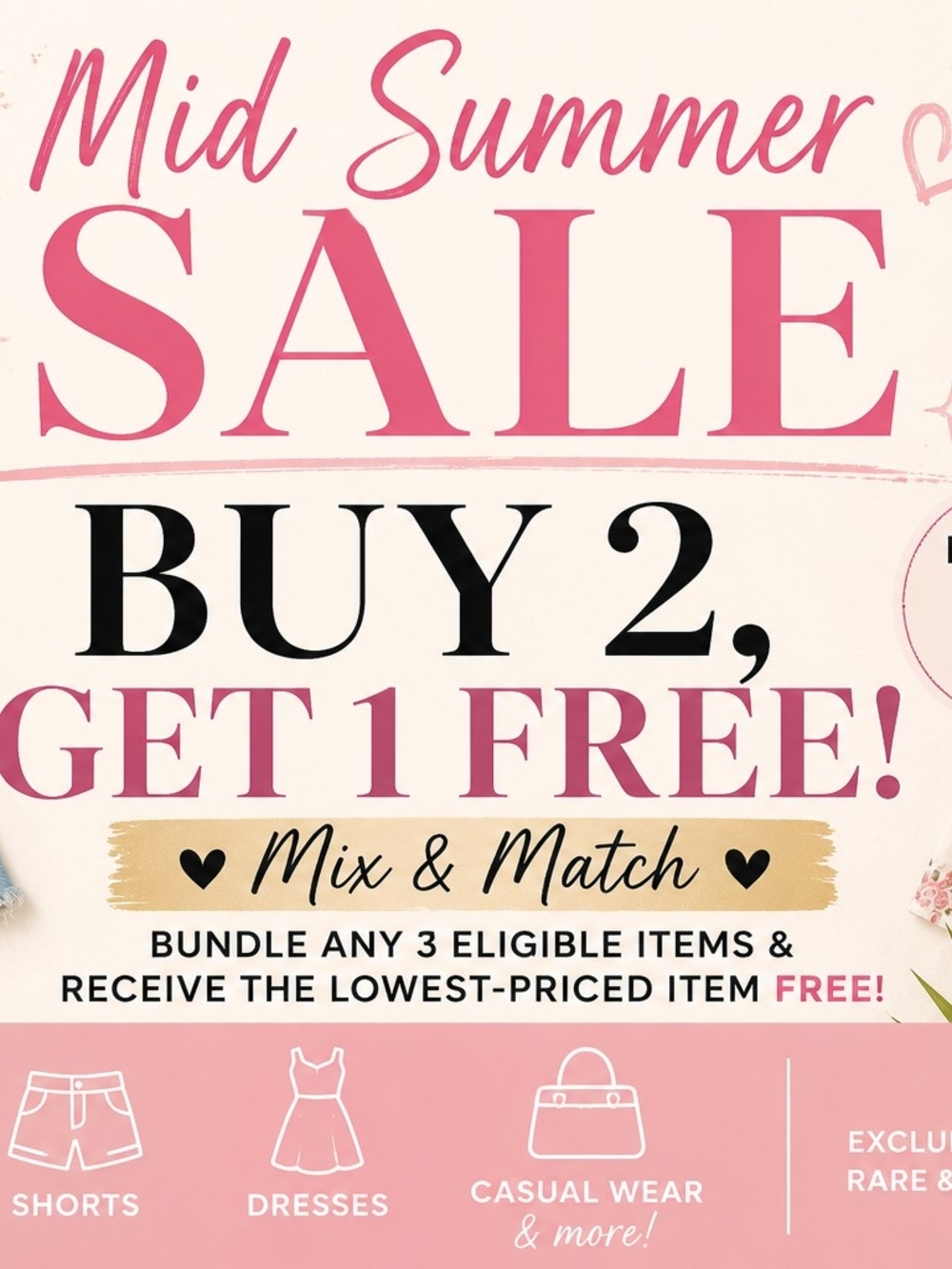 🌸 MID SUMMER SALE 🌸
BUY 2, GET 1 FREE!